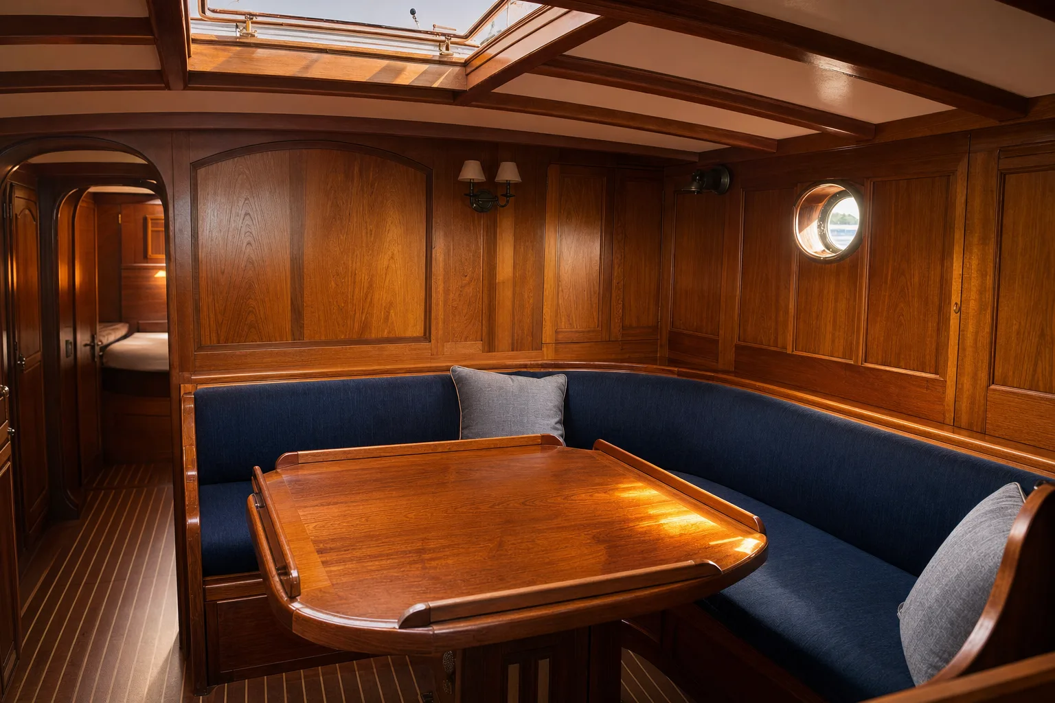 A warm timber yacht saloon interior with a varnished table and bench seating